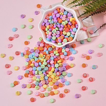 600Pcs 3 Style Opaque Acrylic Beads, Metal Enlaced, Flat Round with Star & Flower & Moon & Heart