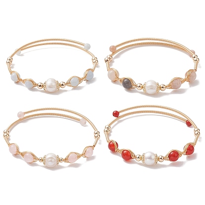 Круглый браслет-манжета с натуральным смешанным камнем и бисером, браслет из золотой латунной проволоки