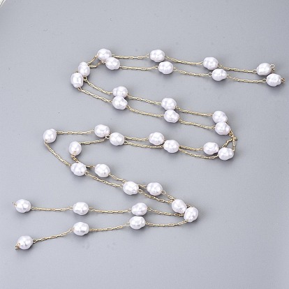 Handmade ABS Plastic Imitation Pearl Beads Chains, for Necklaces Bracelets Making, with Brass Paperclip Chains, Long-Lasting Plated, Soldered, Light Gold