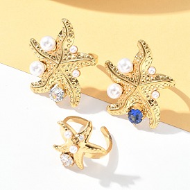 304 Кольца-манжеты из нержавеющей стали с микропаве из кубического циркония и пластиковым жемчугом, морская звезда, для женщин