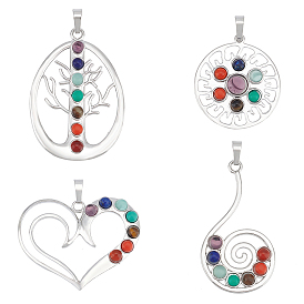 4Pcs 4 Style Chakra Gemstone Pendants, with Brass Findings, Cadmium Free & Nickel Free & Lead Free, Flat Round & Heart & Vortex & Teardrop
