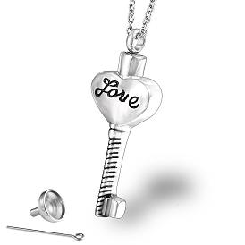 Urn Ashes Necklace, Heart Skeleton Key with Word Love Stainless Steel Pendant Necklace, Memorial Jewelry for Men Women