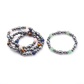 Non-magnetic Synthetic Hematite Beads Stretch Bracelets, with Natural Gemstone Beads, Round & Oval