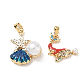 Colgantes de esmalte de bronce, con perlas de plástico y diamantes de imitación, dorado