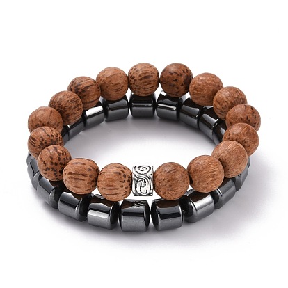 Natural Coconut Wood & Grooved Alloy Beads Stretch Bracelets Set, Non-magnetic Synthetic Hematite Column Beads Bracelets for Men Women