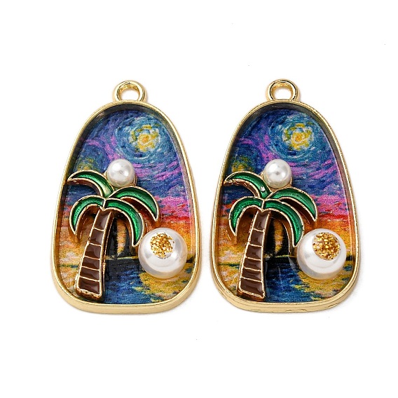 Печатные эмали подвески сплава, подвески в форме овала и кокосовой пальмы, с имитацией АБС-жемчуга и блестящей пудрой, стойки покрытие, золотой свет