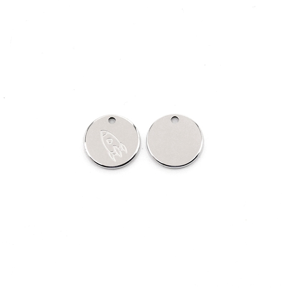 304 Stainless Steel Pendants, Flat Round with Rocket Pattern
