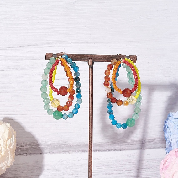 Круглые серьги-гвоздики с подвесками из натуральных и синтетических драгоценных камней, с фурнитурой для сережек-гвоздиков из стекла и латуни и 304 фрикционными гайками из нержавеющей стали, золотые