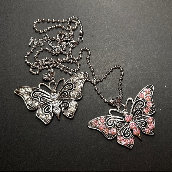 Винтажная цепочка в европейском стиле с подвеской в виде бабочки из сплава со стразами для женщин., платина