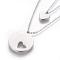 304 Stainless Steel Tiered Necklaces, with Cable Chains, Flat Round with Heart