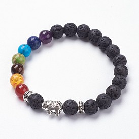 Natural Lava Rock Beads Chakra Stretch Bracelets, with Natural & Synthetic Mixed Stone Beads and Alloy Finding, Elephant, Antique Silver