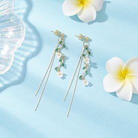 Листья с цветком латунные серьги-гвоздики с кисточками из микропаве из кубических цирконий, с латунными серьгами