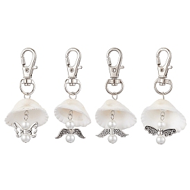 4Pcs 4 Styles Angel Alloy & Natural Shell Pendant Decorations, Swivel Clasps Charms for Bag Ornaments