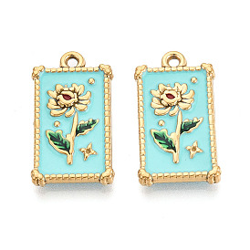 304 Stainless Steel Enamel Pendants, Rectangle & Flower Charms, Ion Plating(IP), Real 18K Gold Plated