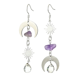 Natural Amethyst & Glass Beaded Dangle Earrings, 201 Stainless Steel Moon & Sun Long Drop Earrings with 304 Stainless Steel Pins