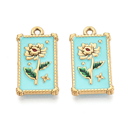 304 Stainless Steel Enamel Pendants, Rectangle & Flower Charms, Ion Plating(IP), Real 18K Gold Plated