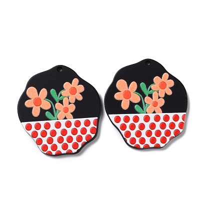 DIY Acrylic Embossed Print Pattern Earrings Pendant, Polygon with Flower, for Jewelry Accessories