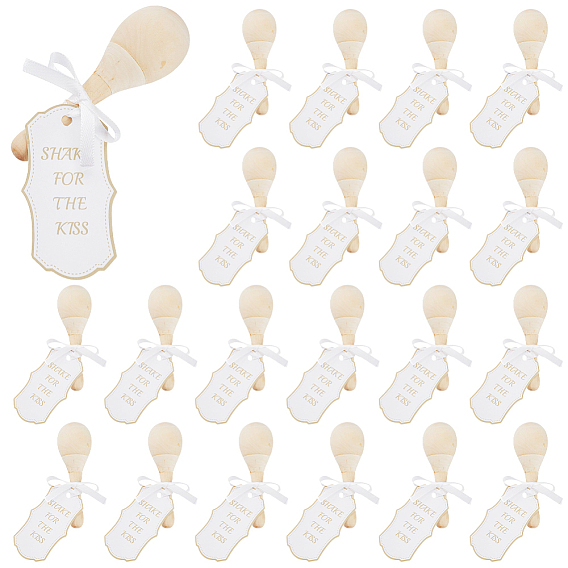 20 шт. миниатюрные деревянные свадебные маракасы, в комплекте: 20бумажные подвесные подарочные бирки и 1рулон односторонней атласной ленты