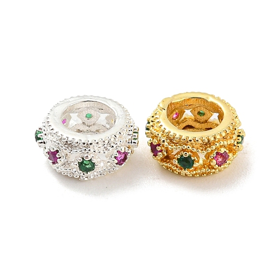 Реечное покрытие латунь микро паве кубический цирконий европейские бусины, бусины с большим отверстием, плоско-круглые, без свинца и без кадмия