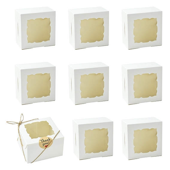 10шт. квадратная коробка для выпечки, с бумажным витринным окном, картонные коробки подарочные упаковки для печенья, маленькие пирожные, оладья, с пеньковой веревкой и наклейками