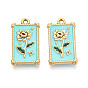304 Stainless Steel Enamel Pendants, Rectangle & Flower Charms, Ion Plating(IP), Real 18K Gold Plated