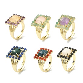 Natural & Synthetic Mixed Gemstone Rectangle Adjustable Ring, Real 18K Gold Plated Brass Wide Ring for Women