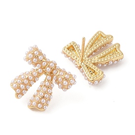 Rack Plating Brass Stud Earrings for Women, with ABS Plastic Pearl, Cadmium Free & Lead Free, Long-Lasting Plated, Bowknot