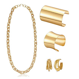 Geometric Cutout Cuff Bracelet and Hip Hop Necklace Earrings Set for Women's Fashion Jewelry