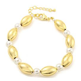 Rack Plating Oval Brass & ABS Imitation Pearl Beaded Bracelets for Women, Cadmium Free & Lead Free, Long-Lasting Plated