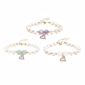 Bracelet en perles de pierres précieuses naturelles et perles avec breloque cœur en zircone cubique, bijoux en pierres précieuses pour femmes