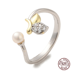925 Sterling Silver Finger Ring, Cubic Zirconia Leaf Cuff Ring with Natural Fresh Water Pearl, for Women