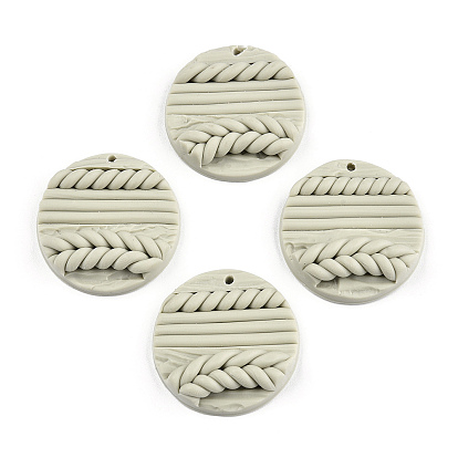 Handmade Polymer Clay Pendants, Flat Round with Leaf