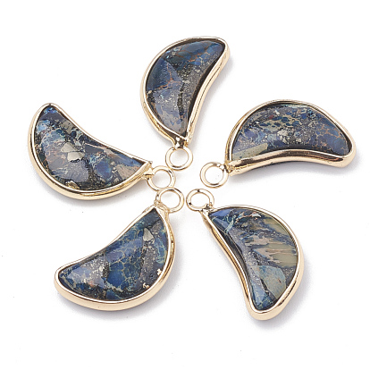 Synthetic Regalite/Imperial Jasper/Sea Sediment Jasper Pendants, with Golden Tone Brass and Iron Findings, Moon