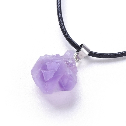 Natural Amethyst Pendant Necklaces, with Wax Cord and Iron Curb Chains