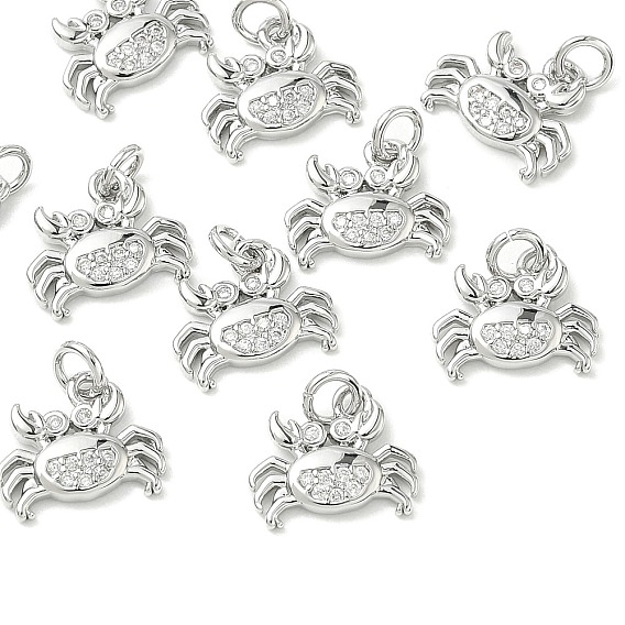 SHEGRACE Brass Micro Pave Cubic Zirconia Pendants, Cadmium Free & Nickel Free & Lead Free, Crab Charms, Clear