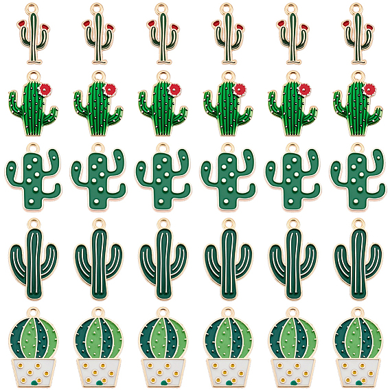40Pcs 5 Styles Alloy Enamel Pendants, Cactus, Light Gold