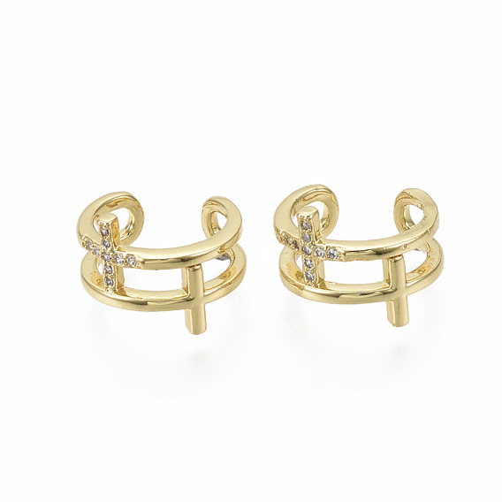 Brass Micro Pave Clear Cubic Zirconia Cuff Earrings, Nickel Free, Cross