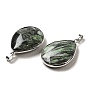 Natural Seraphinite Pendants, Platinum Plated Brass Teardrop Charms with Iron Snap on Bails