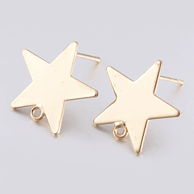 Brass Stud Earring Findings, with Loop and Flat Plate, Long-Lasting Plated, Star