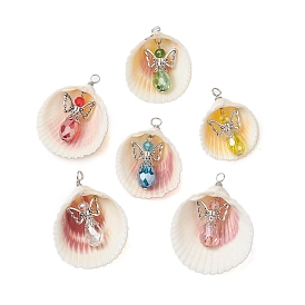 6Pcs 6 Colors Natural Shell Pendants, Faceted Glass Angel Charms with Tibetan Style Alloy Wings, Antique Silver