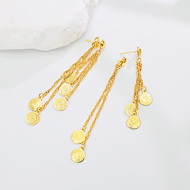 Серьги-гвоздики с кисточками из латуни, плоский круглый с подвеской-цепочкой