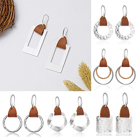 Geometric creative personality handmade minimalist wind ring hollow square leather earhook earrings