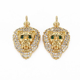 Brass Micro Pave Clear Cubic Zirconia Pendants, Nickel Free, Lion