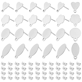 80Pcs 4 Style 304 Stainless Steel Stud Earring Findings and 90Pcs Ear Nuts, Heart & Flower & Horse Eye