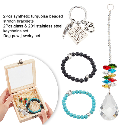 Nbeads 2 bracelets extensibles en perles de turquoise synthétique, 2 pcs verre & 201 ensemble de porte-clés en acier inoxydable, ensemble de bijoux de patte de chien pour femme