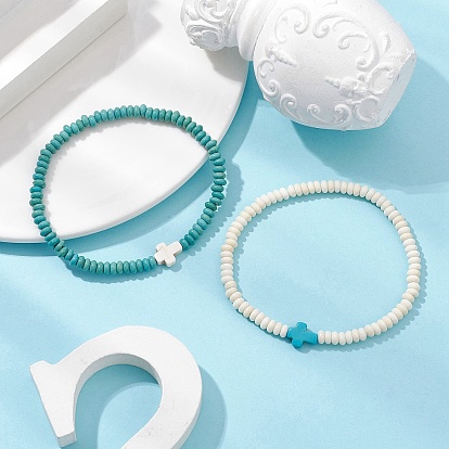 2Pcs Synthetic Turquoise Beads Stretch Bracelets for Women Men, Rondelle & Cross