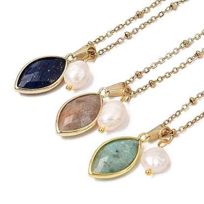 Natural Mixed Stone Faceted Horse Eye & Natural Pearl Pendant 304 Stainless Steel Satellite Chain Necklaces for Women, White, Golden