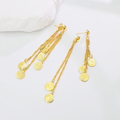 Серьги-гвоздики с кисточками из латуни, плоский круглый с подвеской-цепочкой