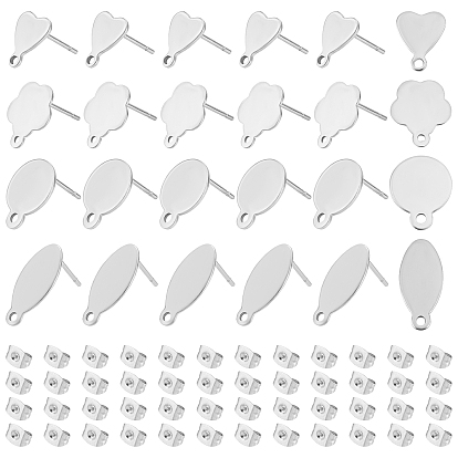 80Pcs 4 Style 304 Stainless Steel Stud Earring Findings and 90Pcs Ear Nuts, Heart & Flower & Horse Eye