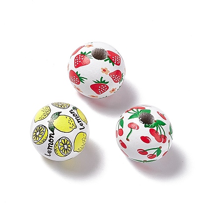 Fruit Printed Wood European Beads, Large Hole Bead, Round with Lemon/Strawberry/Cherry Pattern